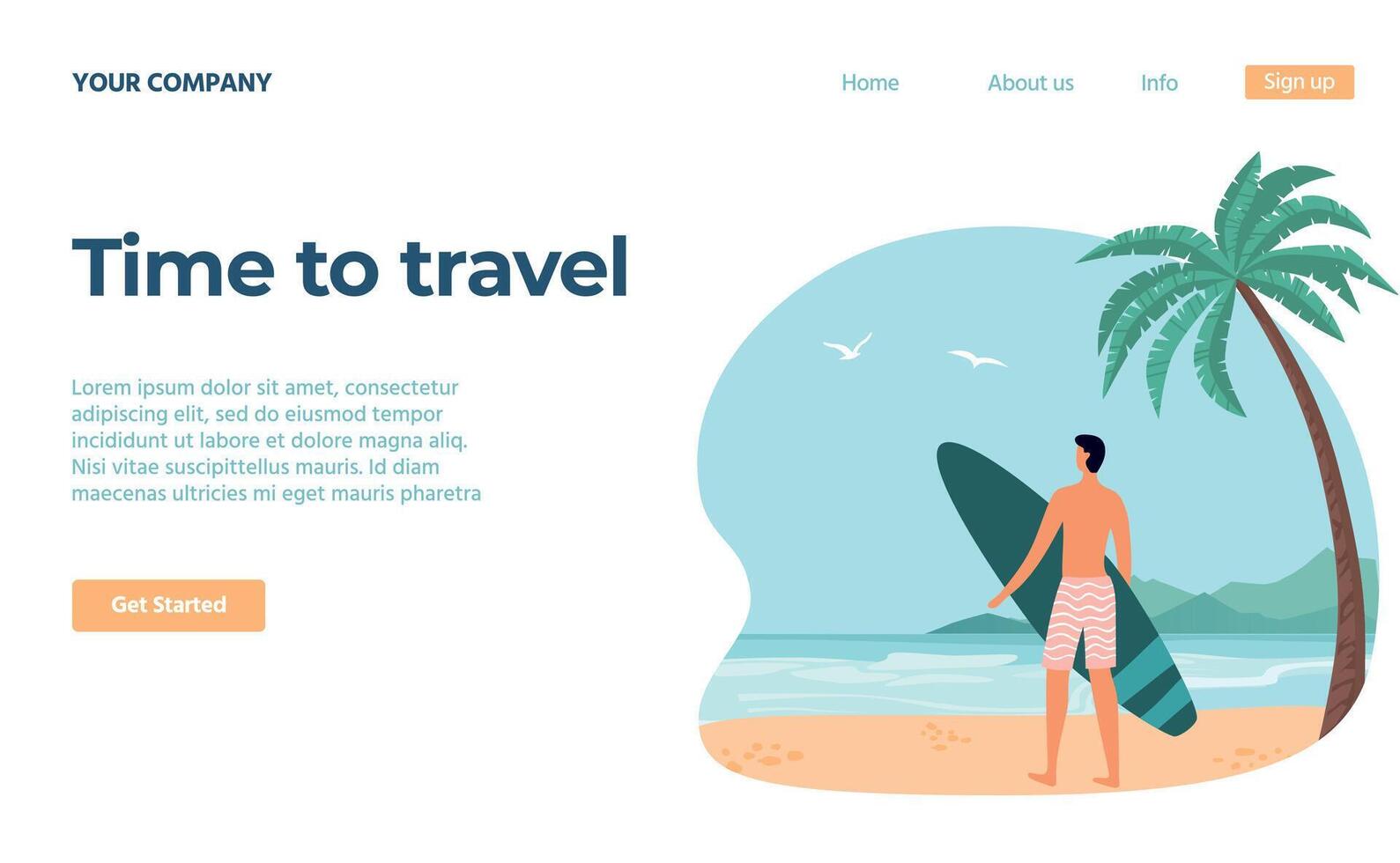 Reise Konzept. männlich Charakter Stehen auf Strand und halten Surfbrett. Mann auf Ferien üben extrem Sport Vektor
