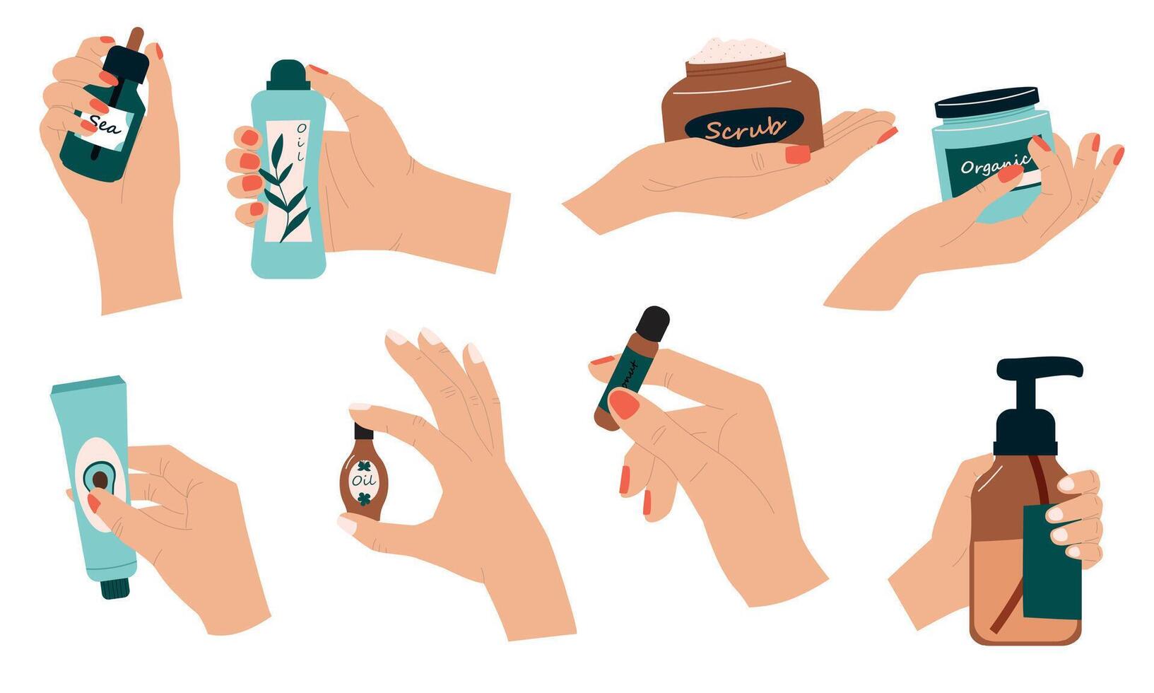 Hände halten kosmetisch Flaschen. organisch Frauen Sahne Lotion Öl zum Haut Pflege und feuchtigkeitsspendend. Vektor weiblich Hände halten organisch Kosmetika Verpackung