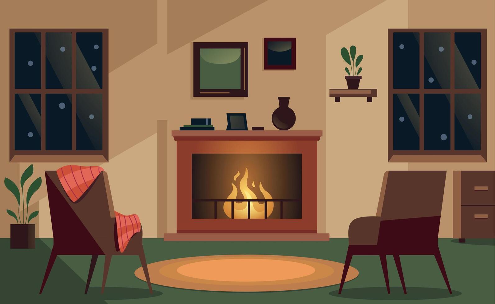 Kamin Zimmer Innere. gemütlich Zuhause Platz mit Verbrennung Herd traditionell Möbel dekorativ Sachen, warm Winter Jahreszeit Freizeit Konzept. Vektor Illustration