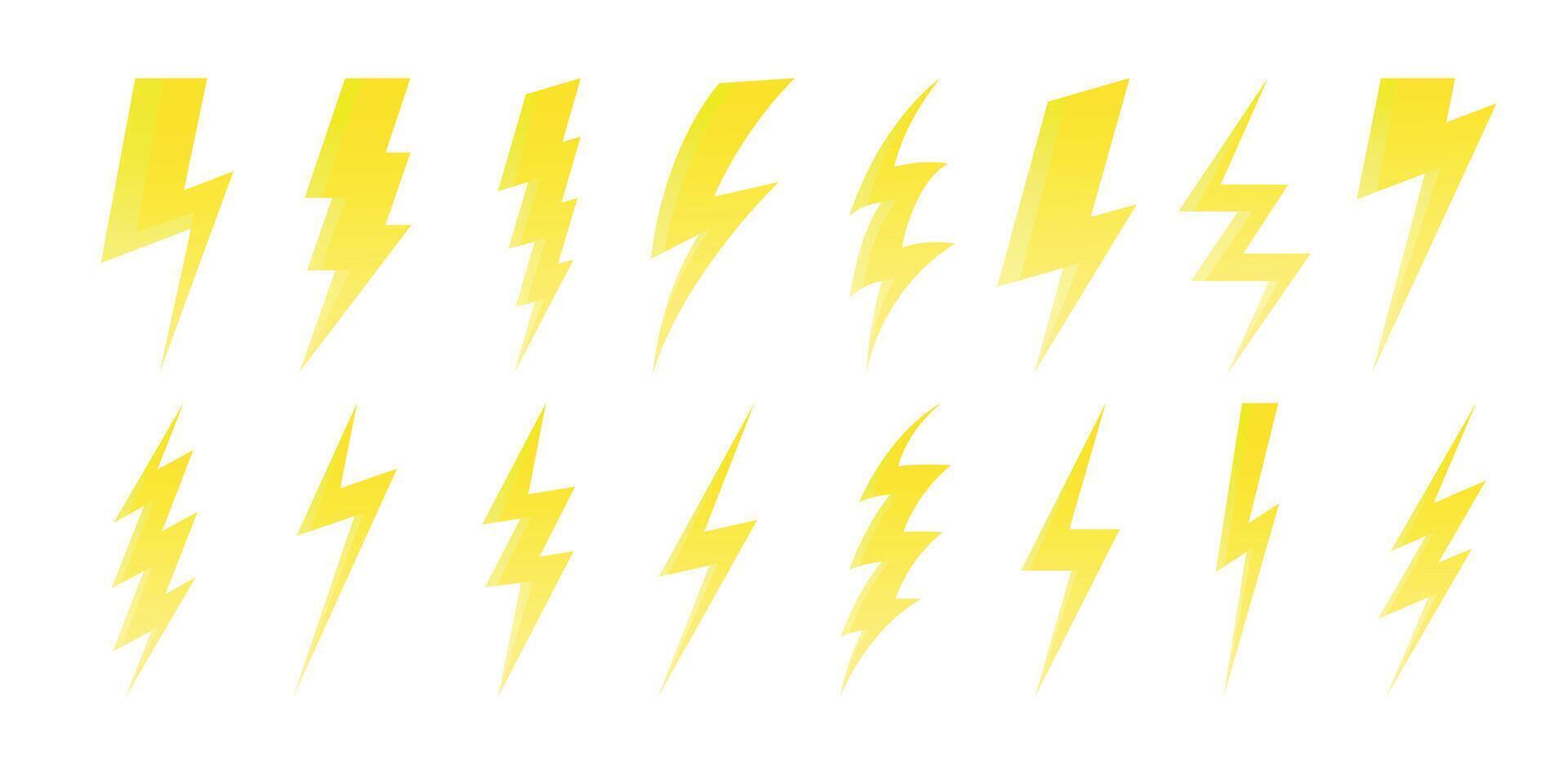 Karikatur Gelb Blitz Bolzen. schnell glänzend elektrisch Pfeil Symbole, glänzend Blitz elektrisch Zeichen, Leistung Bolzen Energie Symbol. Vektor isoliert einstellen