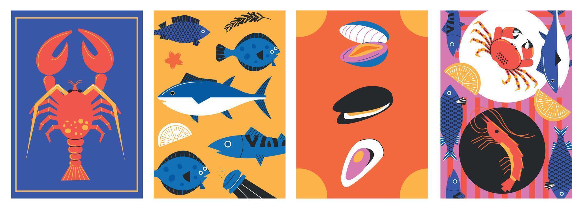 Meeresfrüchte minimalistisch Poster. abstrakt Karikatur Fisch Schaltier Elemente zum Restaurant Speisekarte Hintergrund Design, modisch einfach Banner. Vektor Sammlung