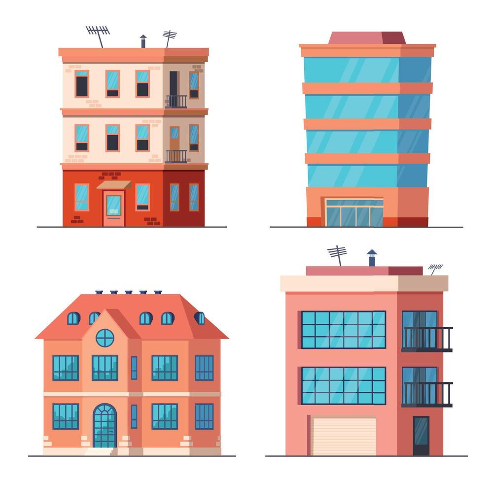 Karikatur Büro Stadt Gebäude. Haus oder echt Nachlass zum Geschäft oder Leben. modern Stadt, Dorf Eigentum Außen vektor