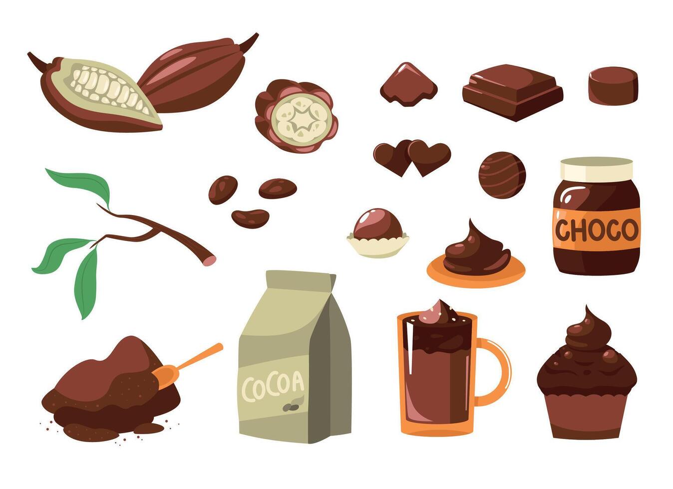 Karikatur Kakao. braun Bohnen zum Kakao Milch dunkel Schokolade trinken Süssigkeit, Süss Produkt zum Dessert Getränk Kosmetika. Vektor isoliert einstellen