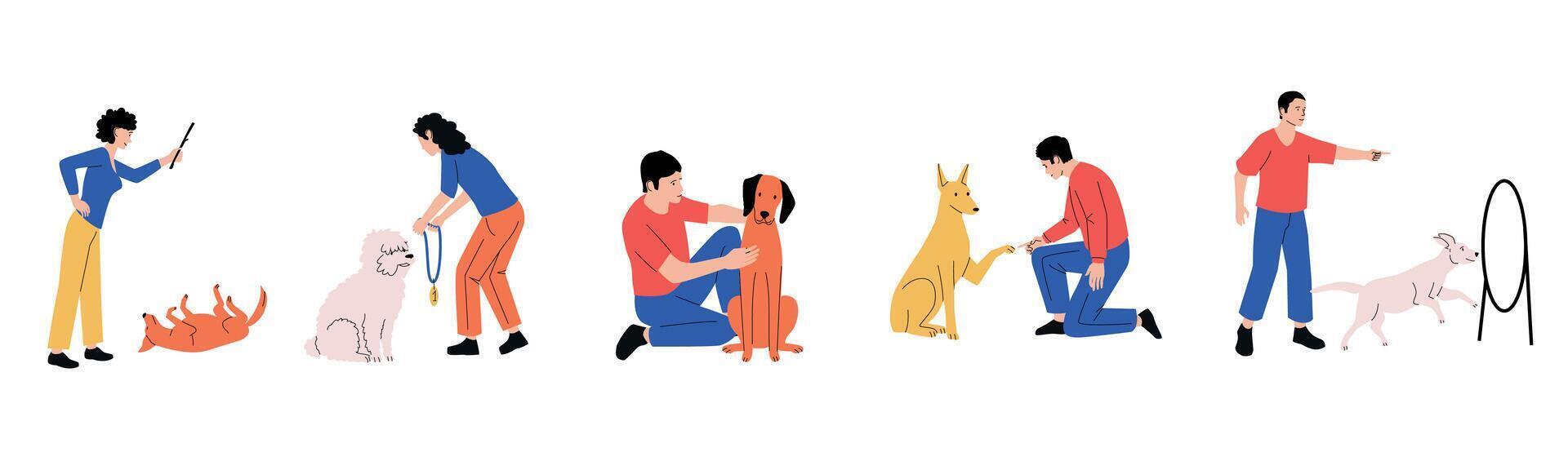 Gekritzel Hund Besitzer. Karikatur süß Hündchen Herausforderung skizzieren, Hand gezeichnet komisch Tier Haustiere Zeichen mit Jungs und Mädchen, Hund Annahme Konzept. Vektor Illustration