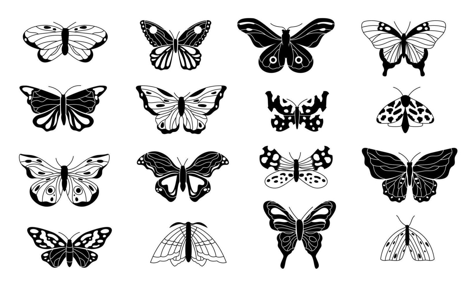 Schmetterlinge Silhouetten. schwarz Skizzen von fliegend geflügelt Insekten, einfarbig Gekritzel Schmetterling Konturen zum Tätowierung, Gravur, Dekoration. Vektor isoliert einstellen