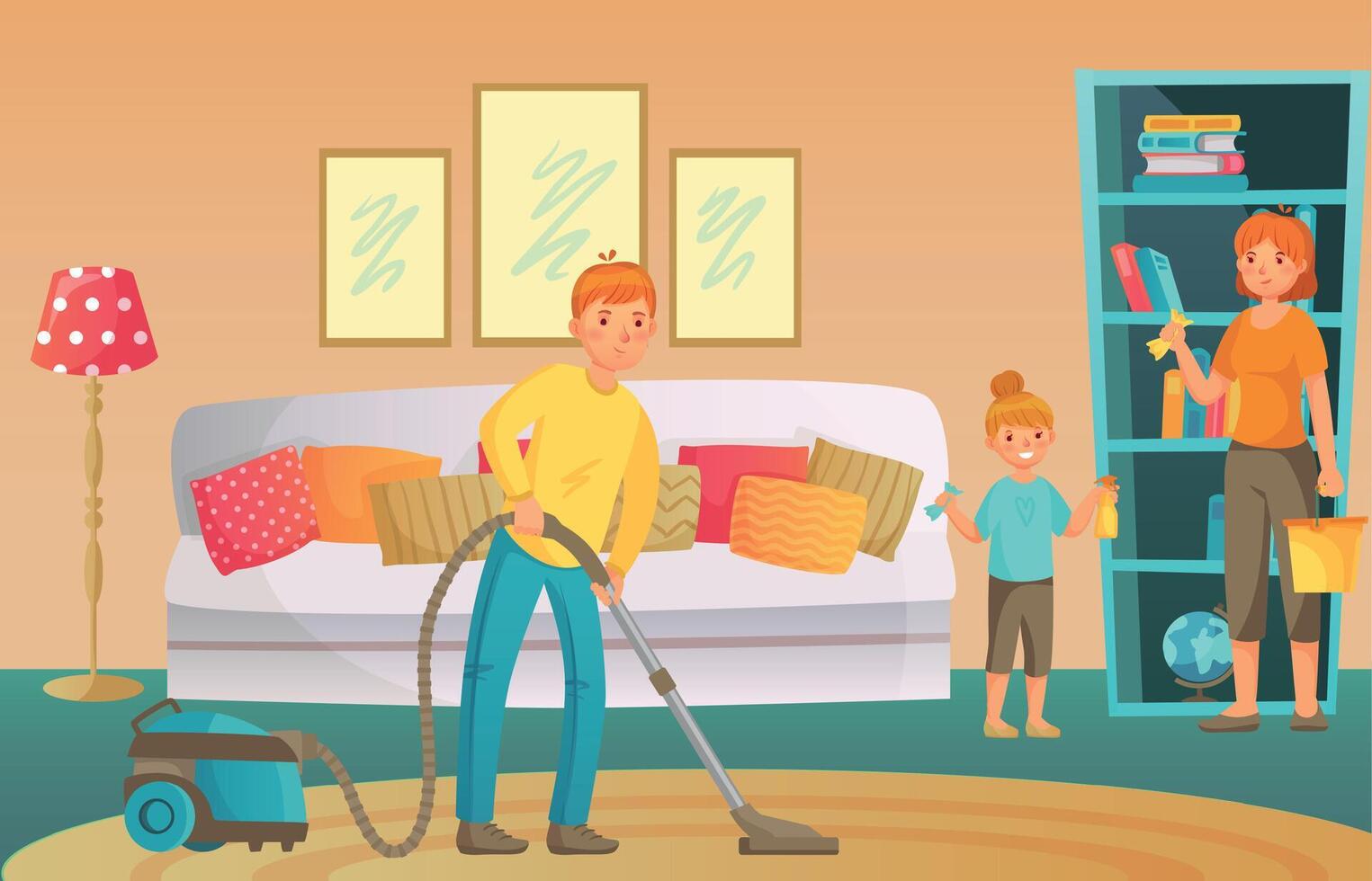 Familie Hausarbeit. Menschen Reinigung Leben Zimmer zusammen. Vater Staubsaugen Boden, Mutter und Tochter Abstauben Regal vektor