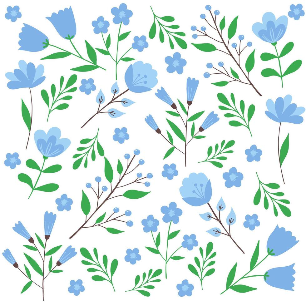 vibrerande samling av blå blommig illustrationer på en vit bakgrund vektor