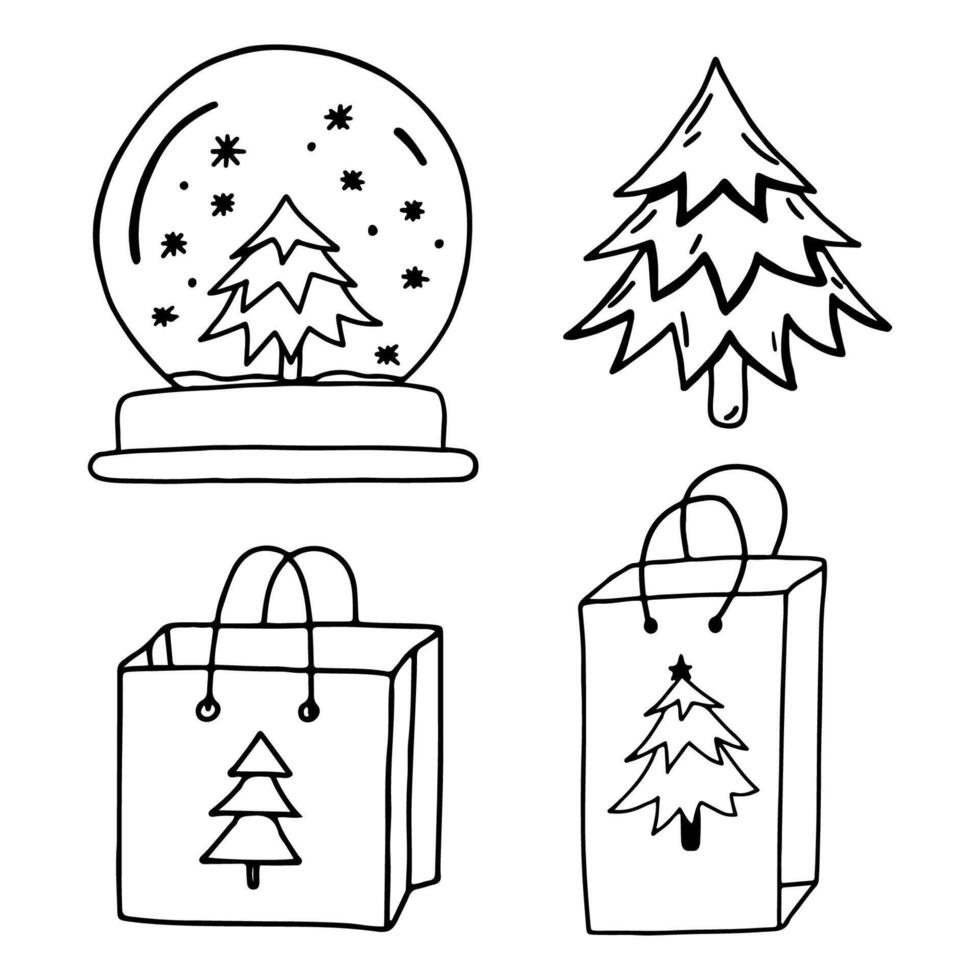 svart och vit klotter illustrationer av med jultema objekt vektor