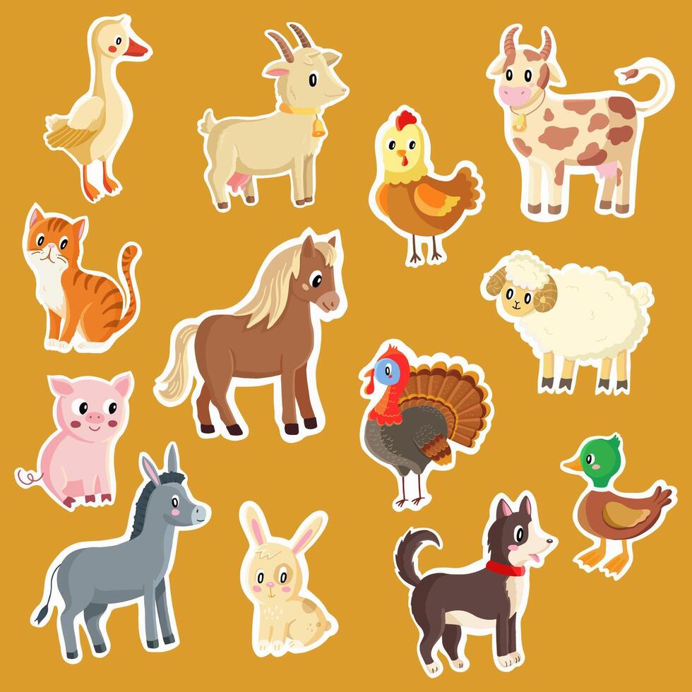färgrik sortiment av tecknad serie djur- klistermärken för barn på en värma bakgrund vektor