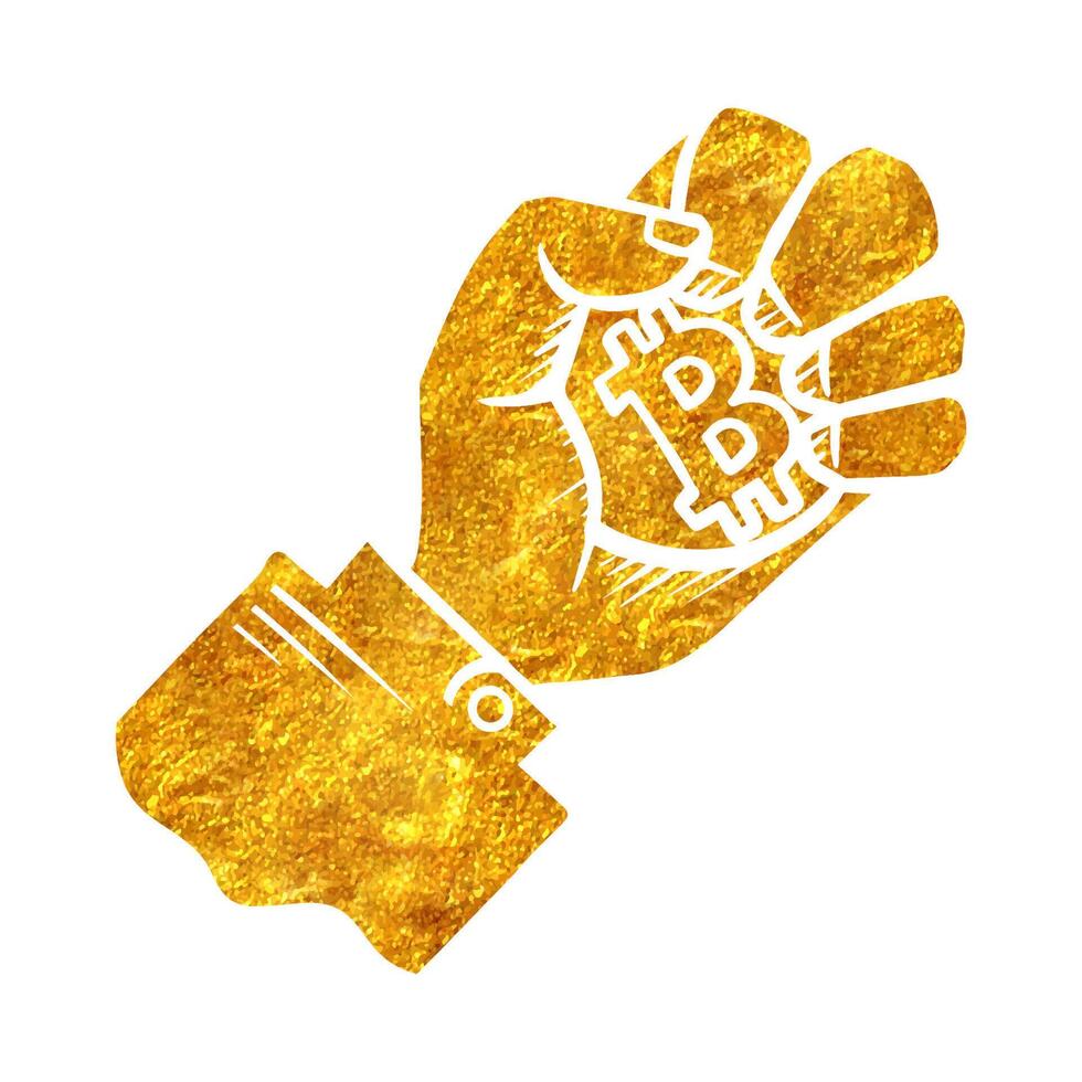 Hand halten Bitcoin Münze im Gold vereiteln Textur Vektor Illustration