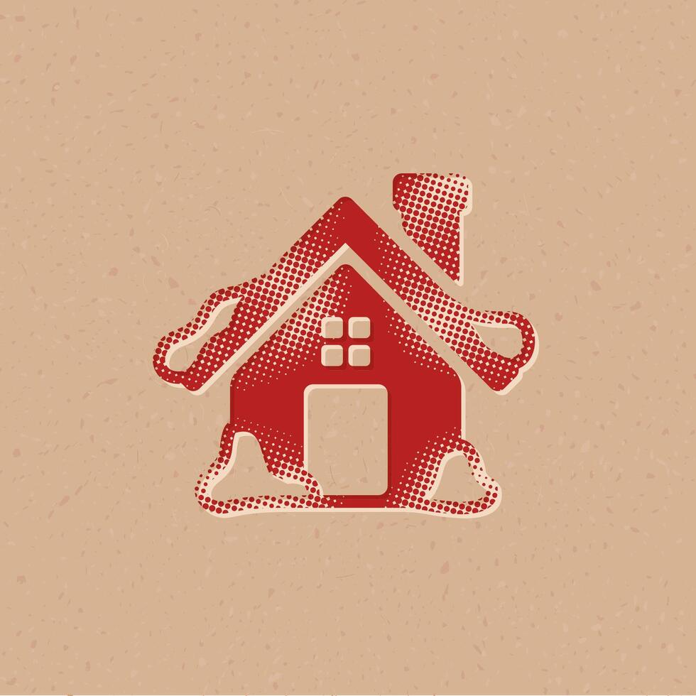 hus med snö halvton stil ikon med grunge bakgrund vektor illustration