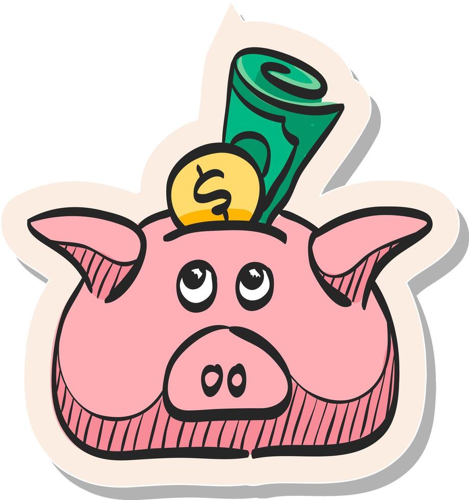 Hand gezeichnet Münze Schweinchen Bank Symbol im Aufkleber Stil Vektor Illustration
