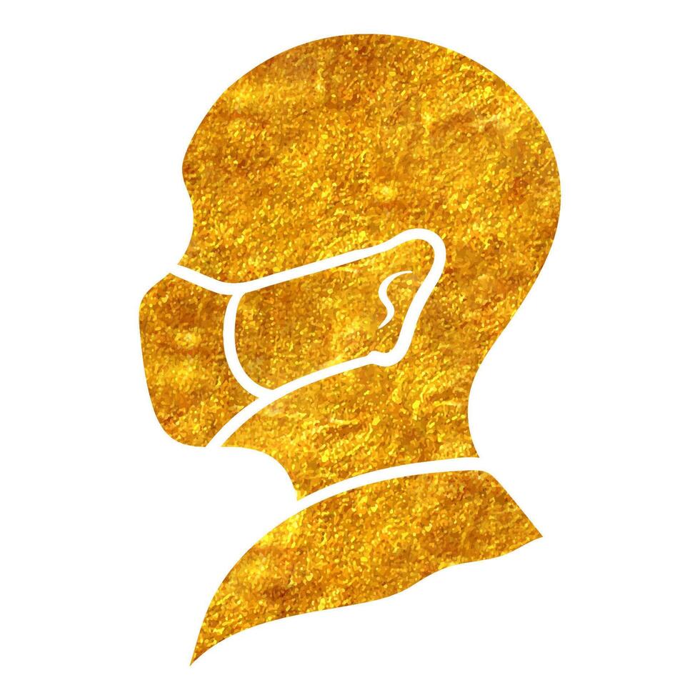 hand dragen guld folie textur mänsklig huvud figur bär medicinsk ansikte mask. vektor illustration.