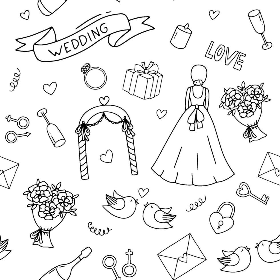 nahtlos Muster auf Hochzeit Thema. einfarbig endlos Hintergrund mit Braut, Strauß, Bogen und Ring auf Weiß Hintergrund. vektor