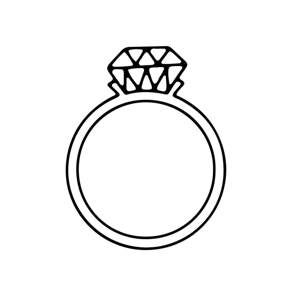 traditionell golden Hochzeit Ring mit Diamant. einfarbig skizzieren isoliert auf Weiß Hintergrund. Hand gezeichnet Gekritzel von Ring zum Braut, Symbol von Liebe und Engagement vektor