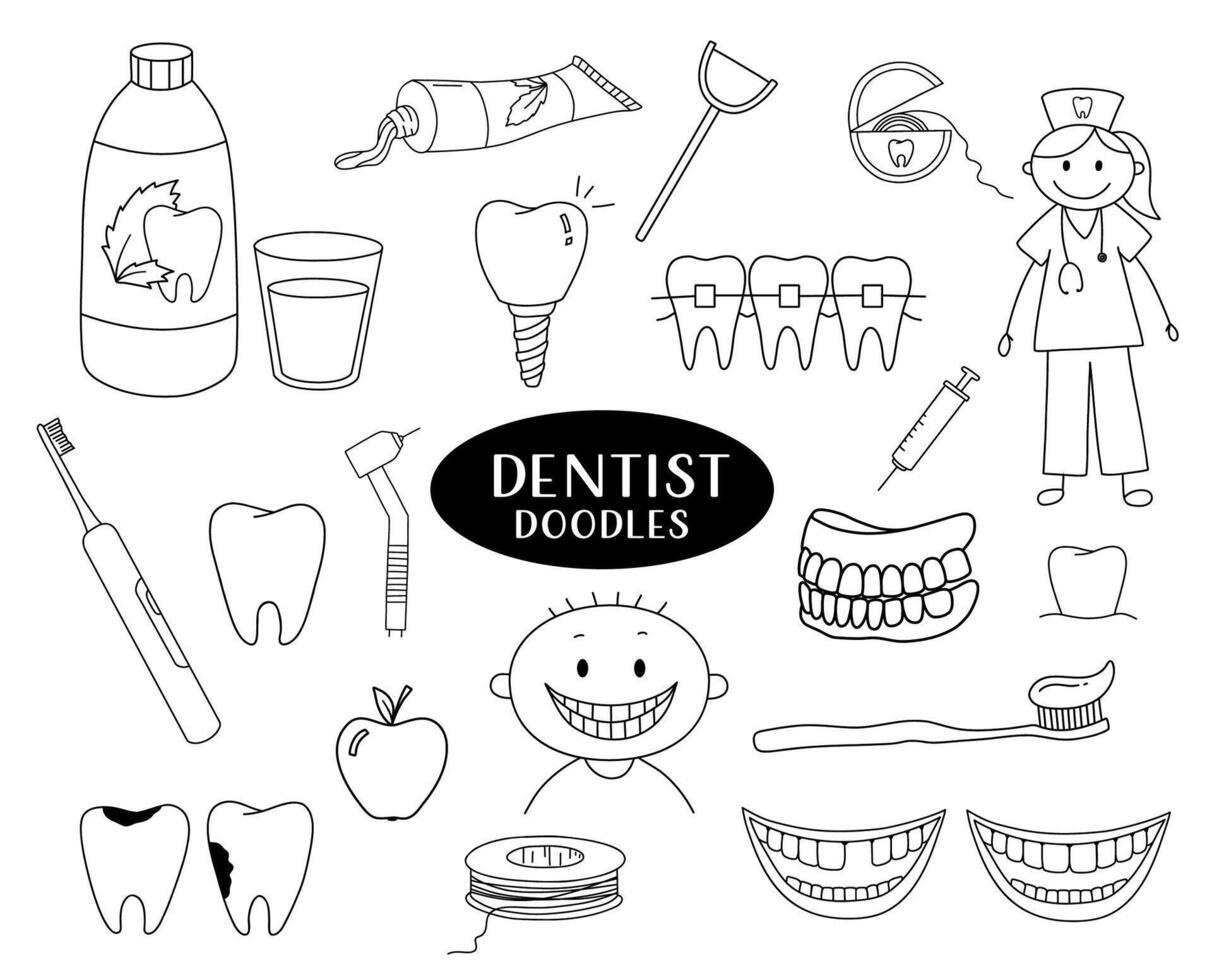 einstellen von Dental Gekritzel Illustrationen. komisch Krankenschwester Skizzen, Zahnbürste und Zahnpasta, Zahn und Dental Zahnseide. vektor