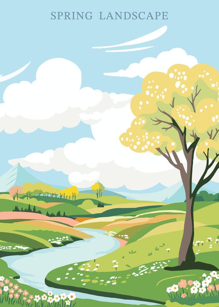 Frühling Landschaft Hintergrund mit Berg und Baum editierbar Vektor Illustration zum Postkarte, A4 Vertikale Größe