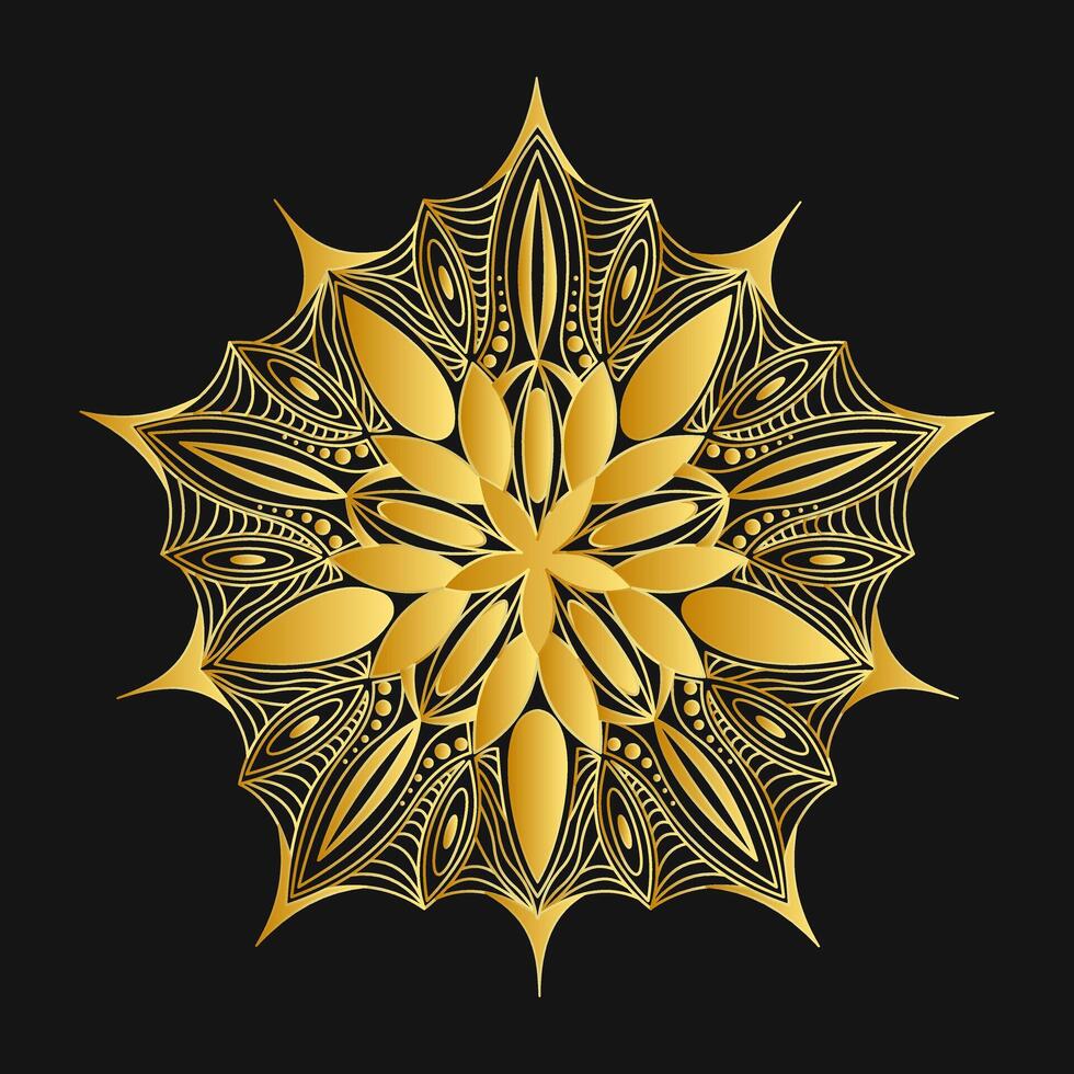 golden kreisförmig Muster im das bilden von ein Mandala auf ein schwarz Hintergrund. Mehendi tätowieren Ornament Mandala Design. Färbung Buch Buchseite. Vektor Illustration.