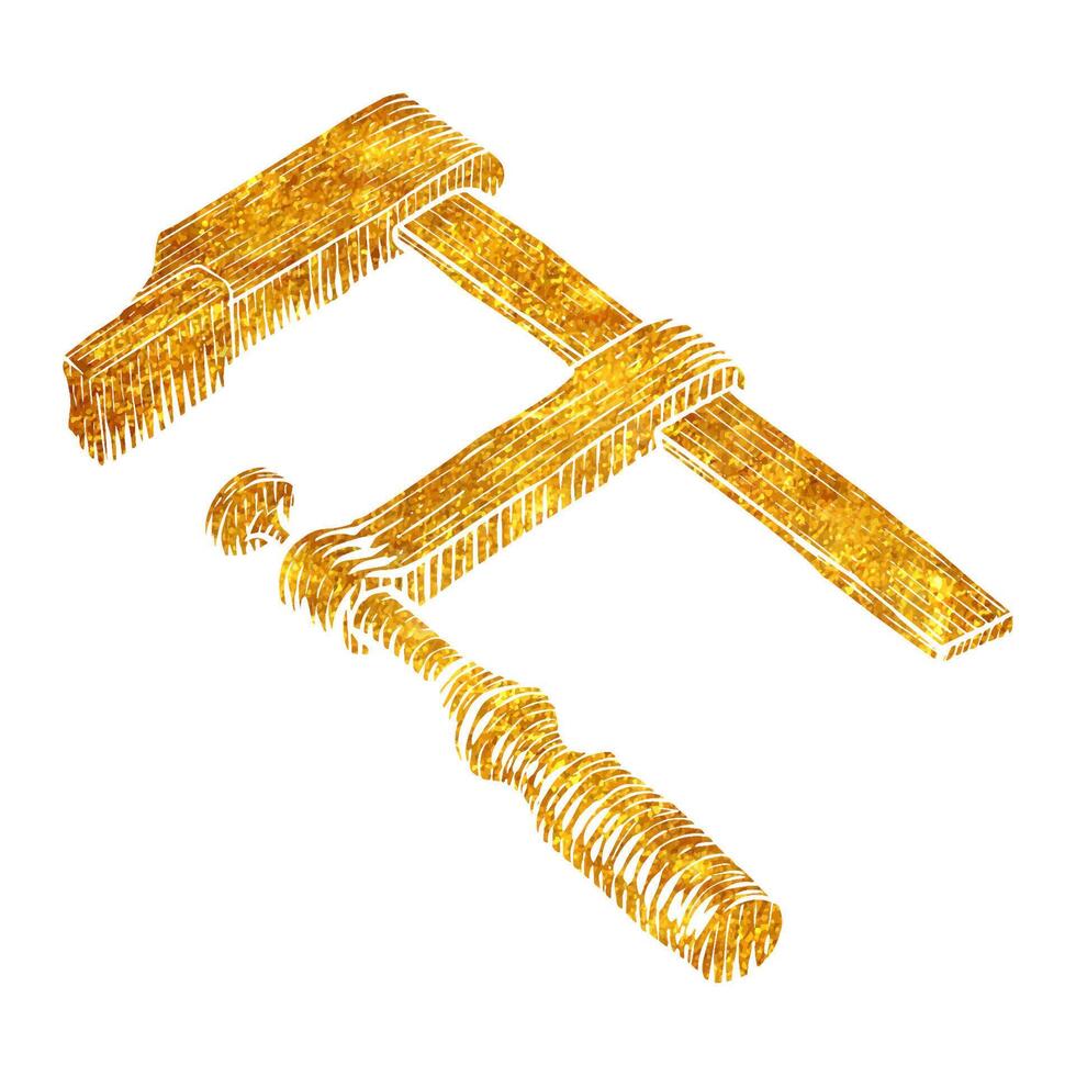 hand dragen klämma ikon träbearbetning verktyg i guld folie textur vektor illustration