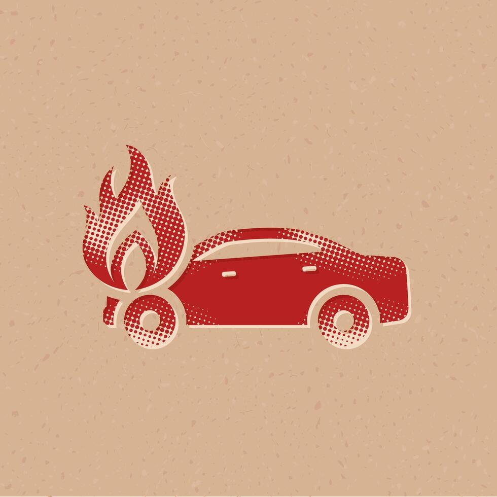 Auto auf Feuer Halbton Stil Symbol mit Grunge Hintergrund Vektor Illustration