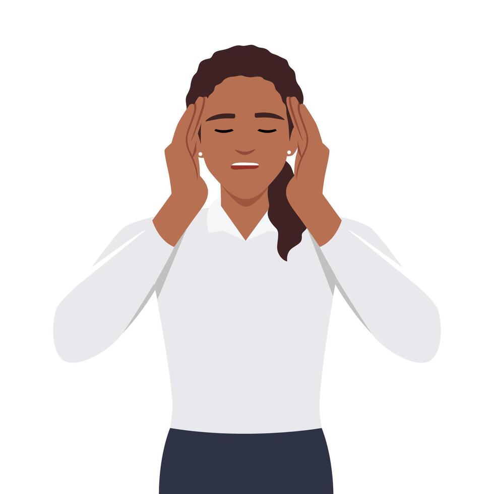 vektor illustration av kvinna med öppen mun, klämmer fast på huvud med både händer, lidande från huvudvärk, panik och depression.
