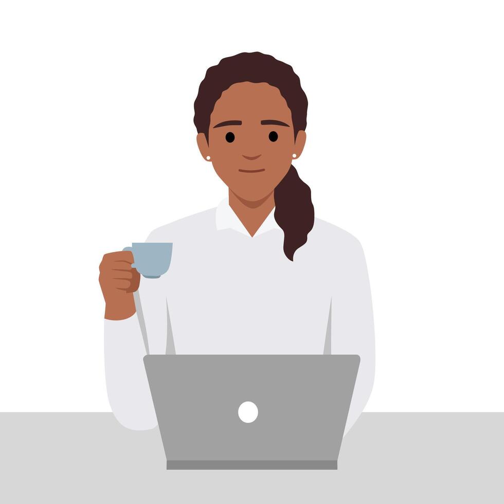 Mädchen Arbeit beim Laptop pc Trinken Kaffee beim Arbeitsplatz. jung weiblich Freiberufler Arbeit beim Projekt draußen beim Coworking Raum, Kaffee Geschäft. freiberuflich Besetzung Konzept vektor