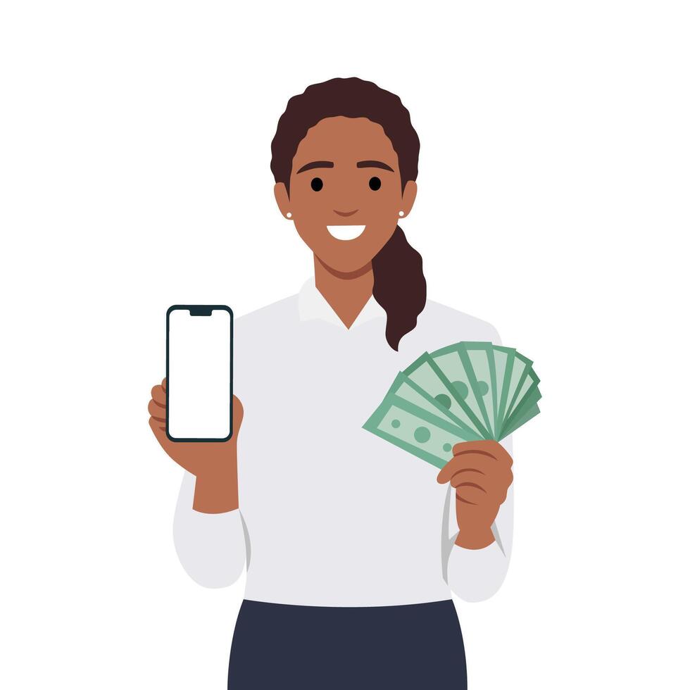 företag kvinna innehav smartphone och dollar. som visar tom skärm telefon för kopia Plats. vektor