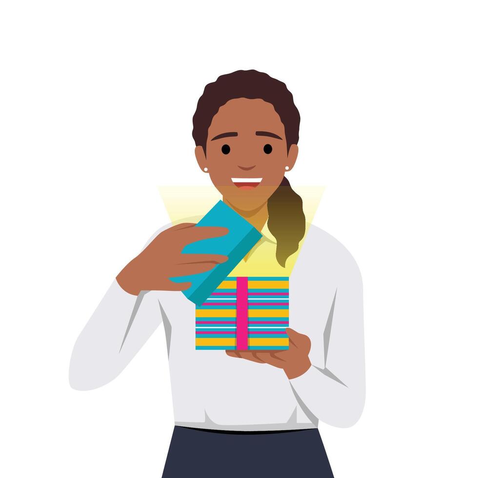 glücklich jung Frau Öffnung ein Geschenk Box mit Licht Kommen aus wie ein Überraschung vektor