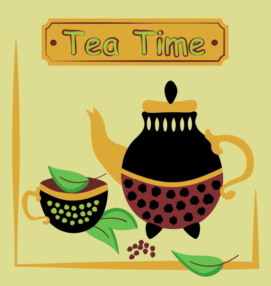 årgång te vattenkokare med kopp. rustik tekanna med tekopp, löv sammansättning. färgad platt vektor illustration isolerat på vit bakgrund