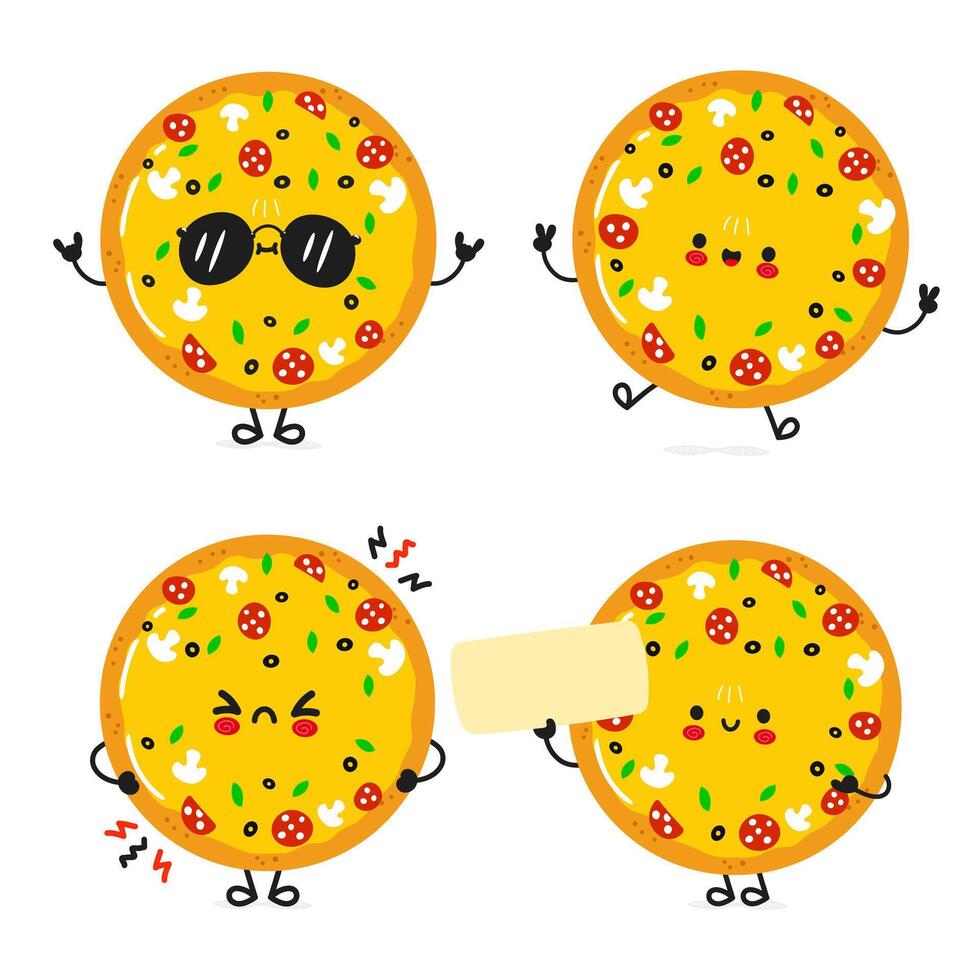 rolig pizza tecken bunt uppsättning. vektor hand dragen klotter stil tecknad serie karaktär illustration ikon design. söt pizza maskot karaktär samling