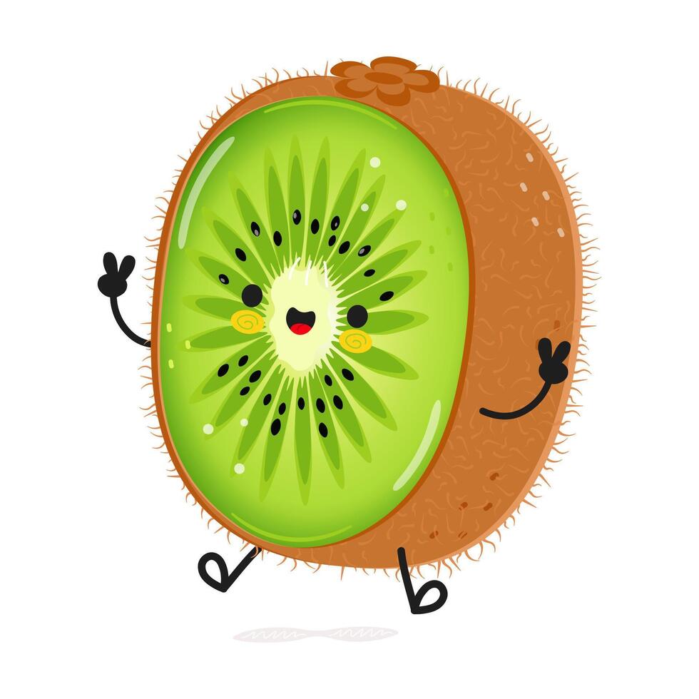 Kiwi Obst Springen Charakter. Vektor Hand gezeichnet Karikatur kawaii Charakter Illustration Symbol. isoliert auf Weiß Hintergrund. Kiwi Obst Charakter Konzept