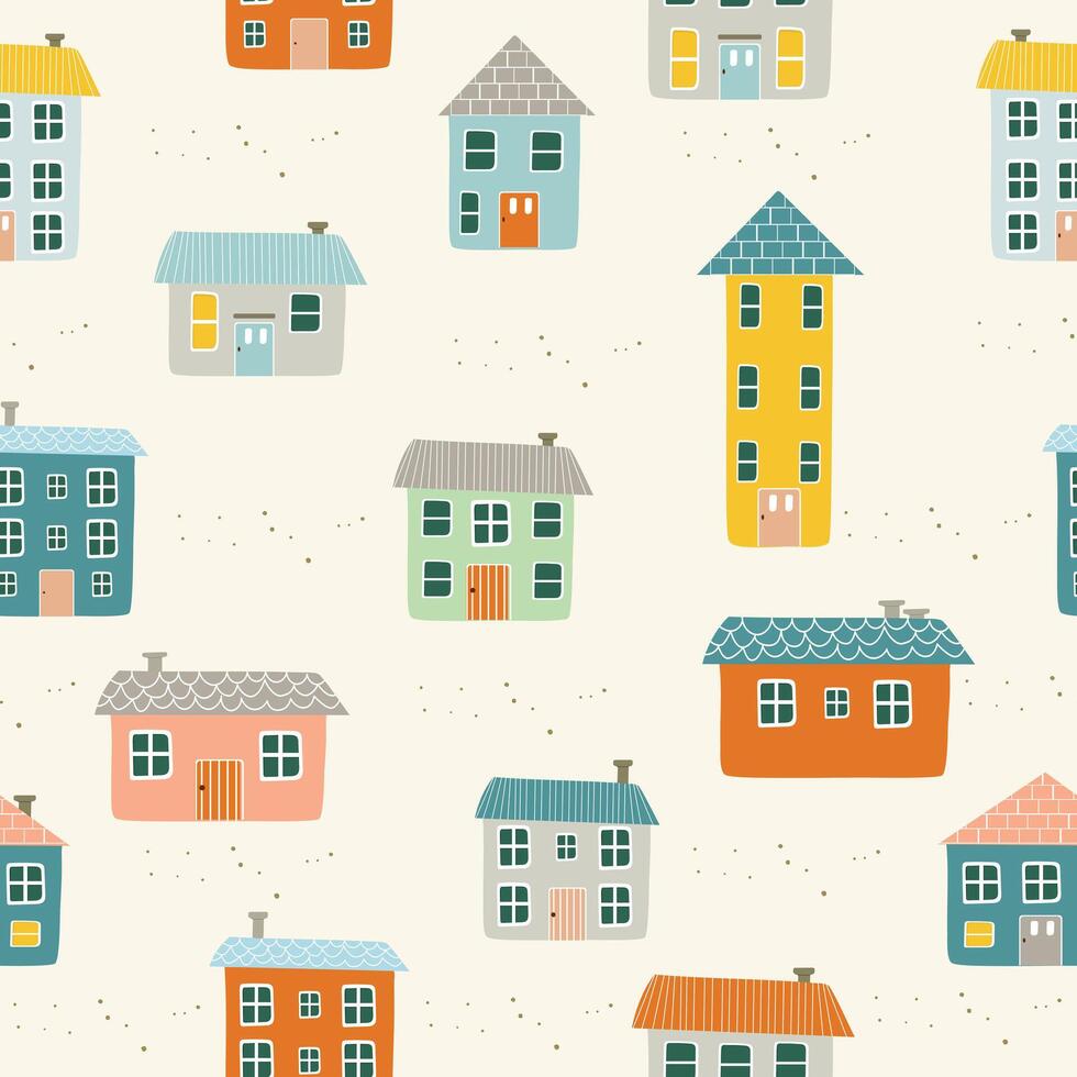 vår söt färgrik mycket liten hus stad by sömlös mönster bakgrund tapet hand dragen vektor illustration
