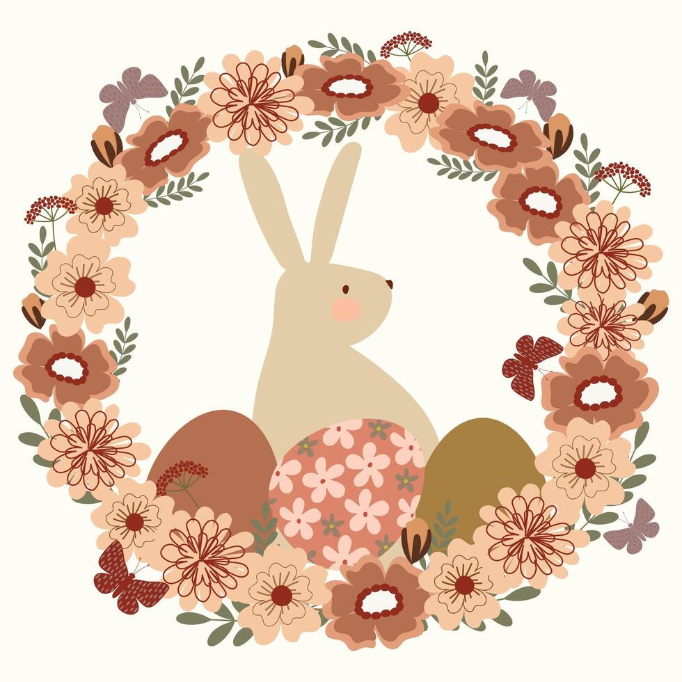 Ostern Hase und Eier im Boho wild Blumen Kranz Rahmen Rand Hand gezeichnet Vektor Illustration