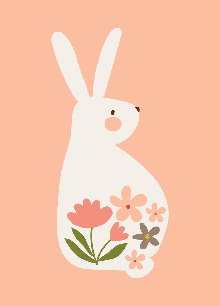 pastell vår påsk kanin med blommor hand dragen kort posters bakgrund vägg konst vektor illustration
