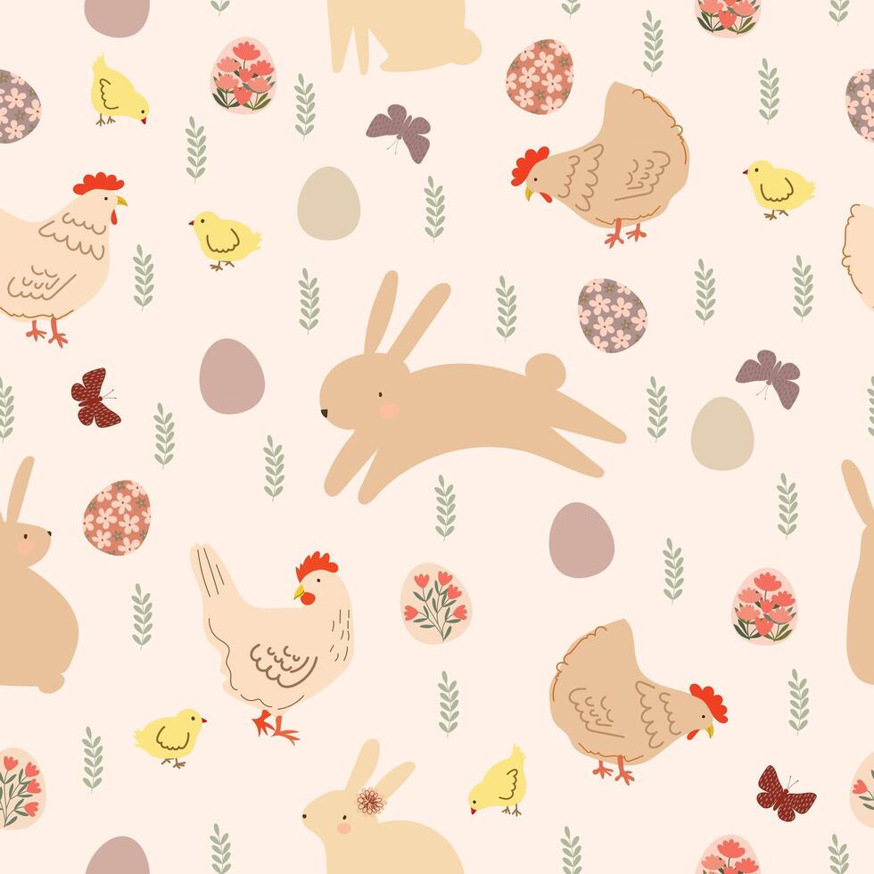 söt påsk kanin och kyckling i ägg trädgård hand dragen vektor illustration för sömlös upprepa mönster bakgrund vägg konst vägg papper klippbok papper slå in