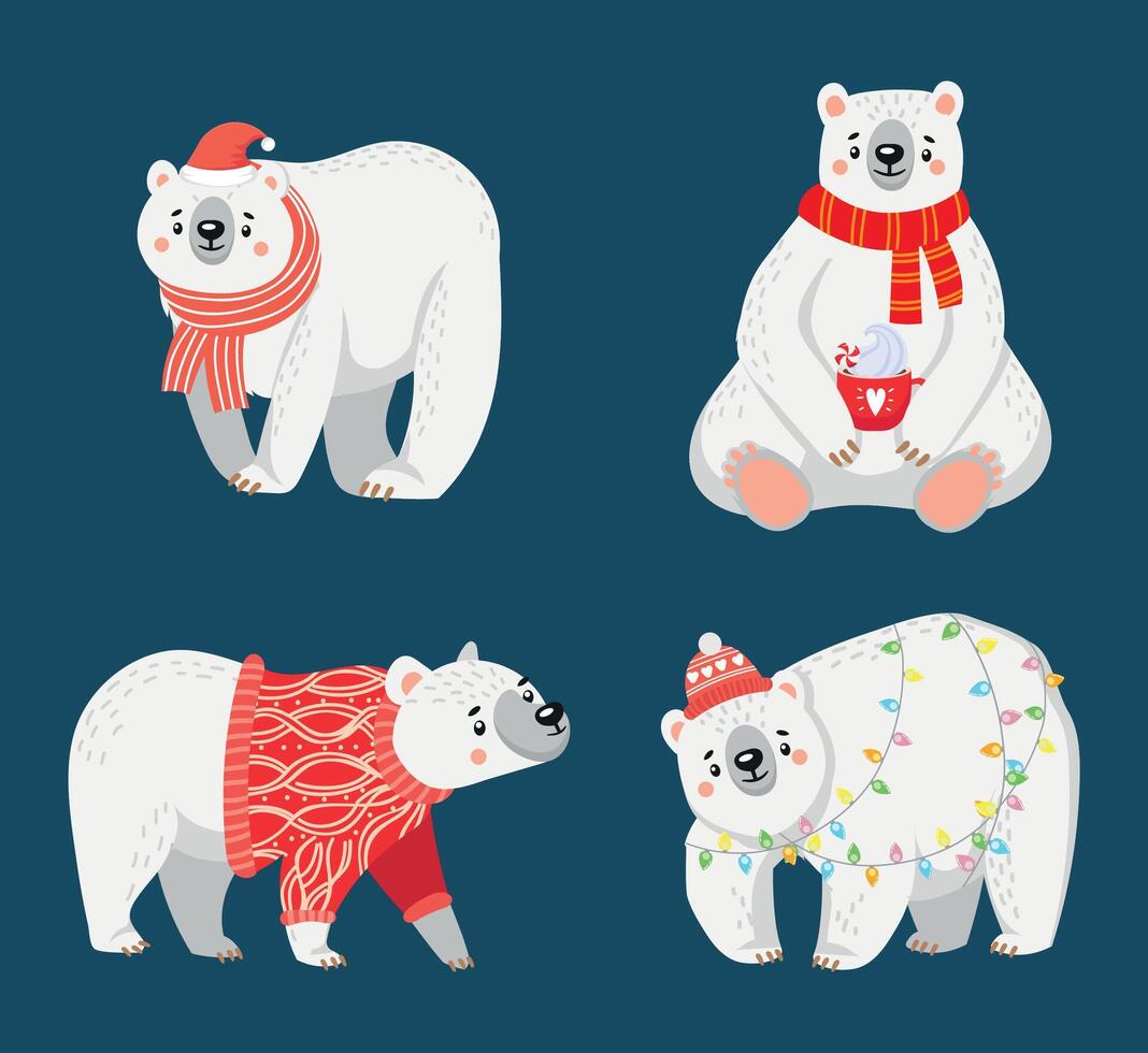 Weihnachten Polar- Bären. süß Zeichen tragen Winter Urlaub Pullover, Santa Hüte und Schals. Arktis Tiere vektor
