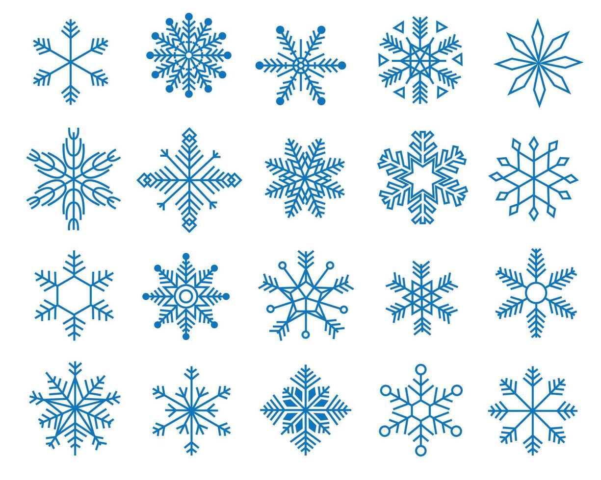 Gekritzel Schneeflocken. Variationen von Winter Blau symmetrisch Schnee Flocken, geometrisch gefroren Kristall Symbole Weihnachten Neu Jahr Dekoration. Vektor Sammlung