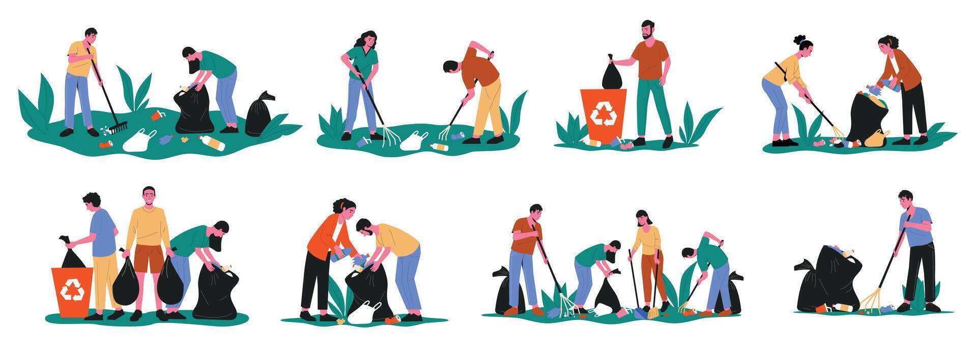 Menschen Sammeln Müll. Karikatur Freiwillige Zeichen Reinigung oben pflücken oben Wurf Müll, Sozial humanitär Hilfe Konzept. Vektor isoliert einstellen