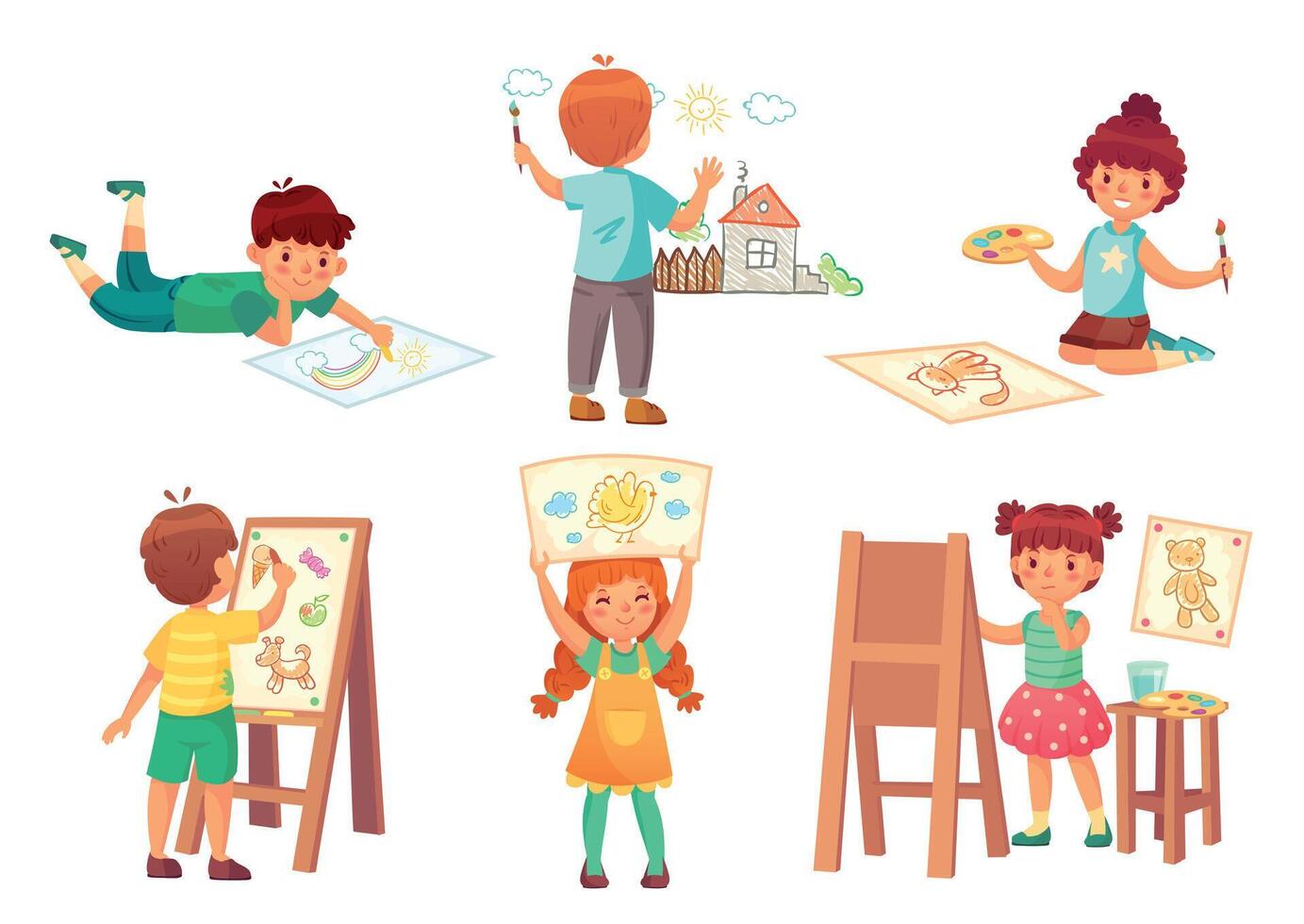 teckning barn, unge illustratör.liten Pojkar och flickor målning Hem, regnbåge och katt med akvareller och kritor vektor