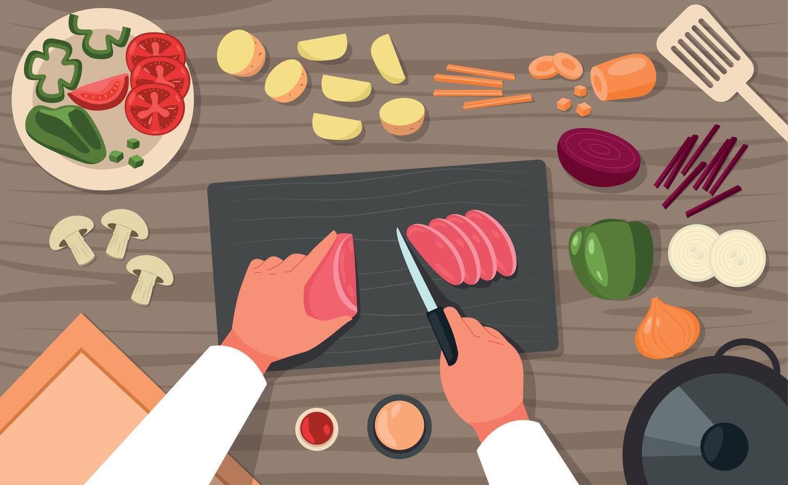 matlagning topp se. kock framställning hackning mat på tabell, tallrik och styrelse med skivor tecknad serie grönsaker friska vegetarian måltid kök. vektor illustration