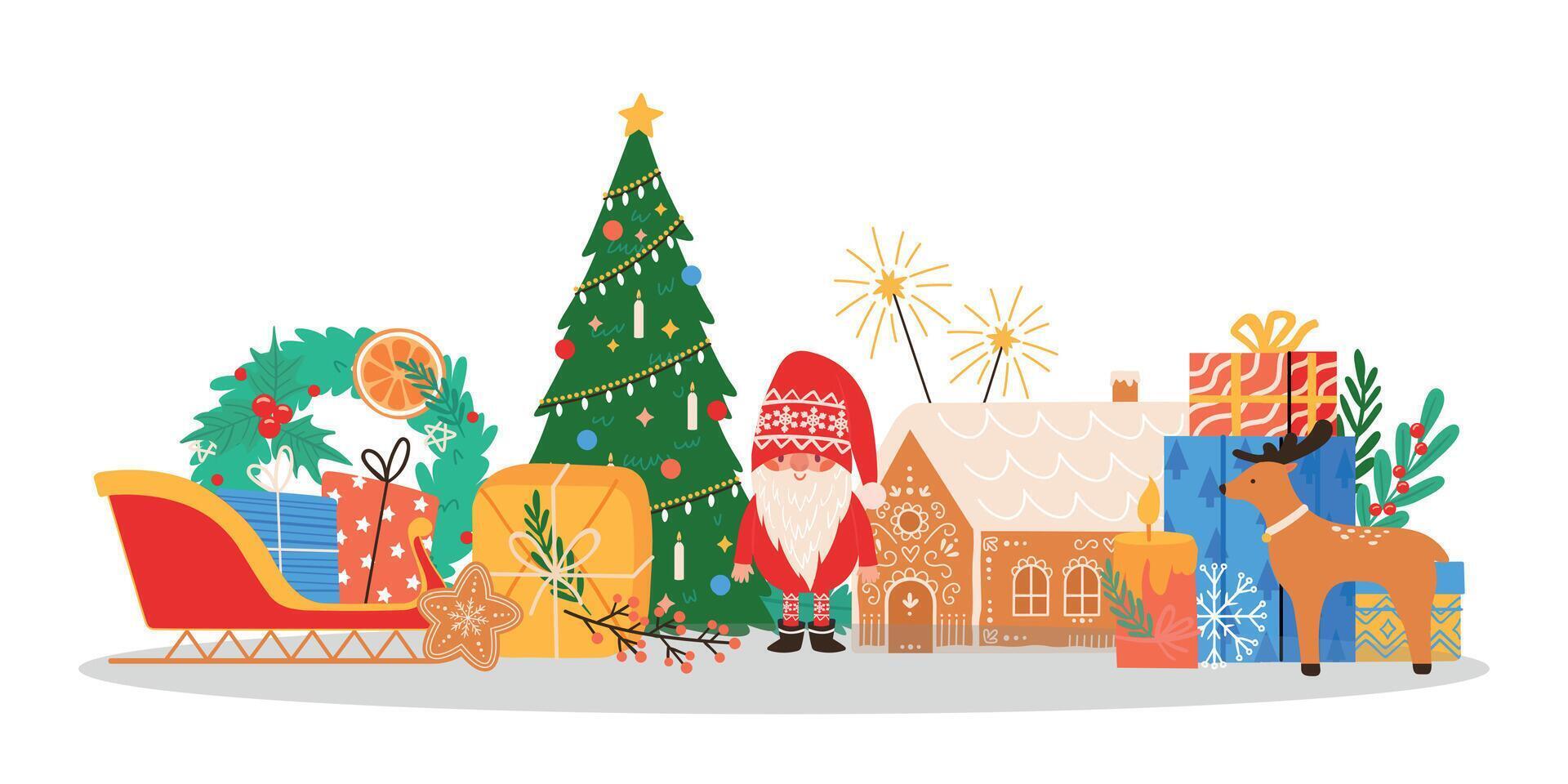 jul begrepp. fira vinter- säsong Semester med dekorerad gran träd, gåva lådor vektor