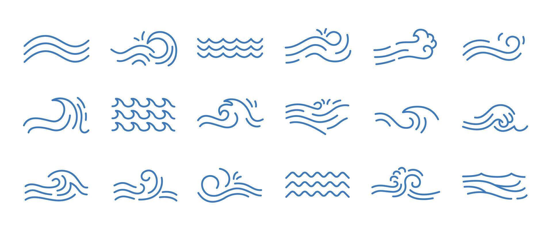 vatten Vinka linje ikoner. strömmande flod vatten och hav Vinka märken, översikt flytande element och virvla runt märken för logotyp design. vektor isolerat uppsättning