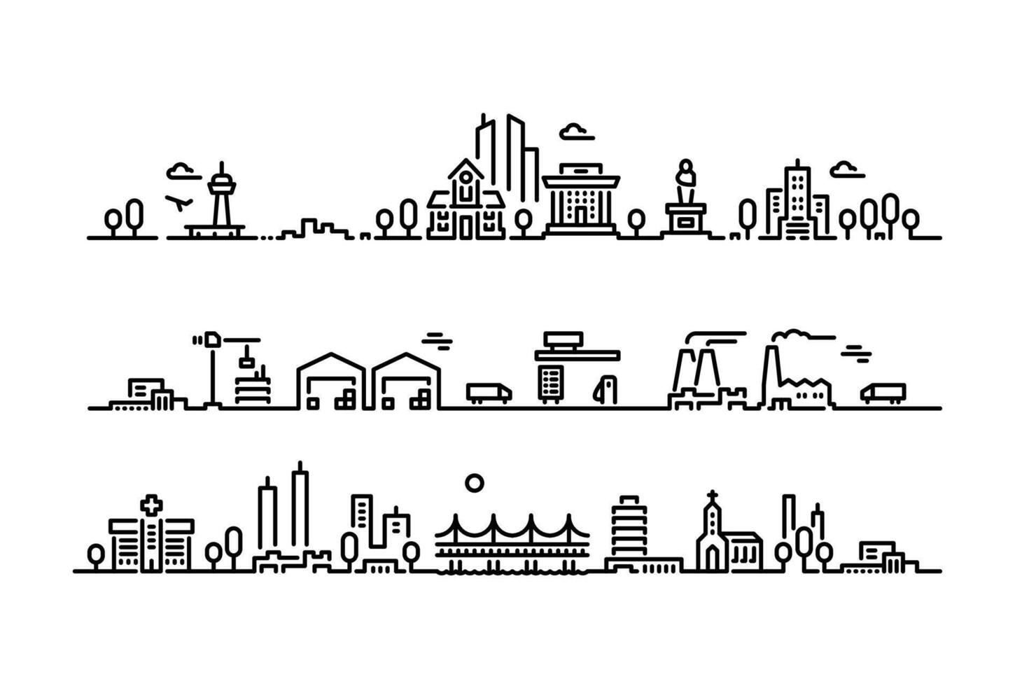 Linie Stadt Panorama. städtisch Straße planen mit Wolkenkratzer Stadt, Dorf Gebäude und echt Nachlass Eigentum, Stadt Landschaft mit Hochhaus Konstruktionen. Vektor linear Illustration