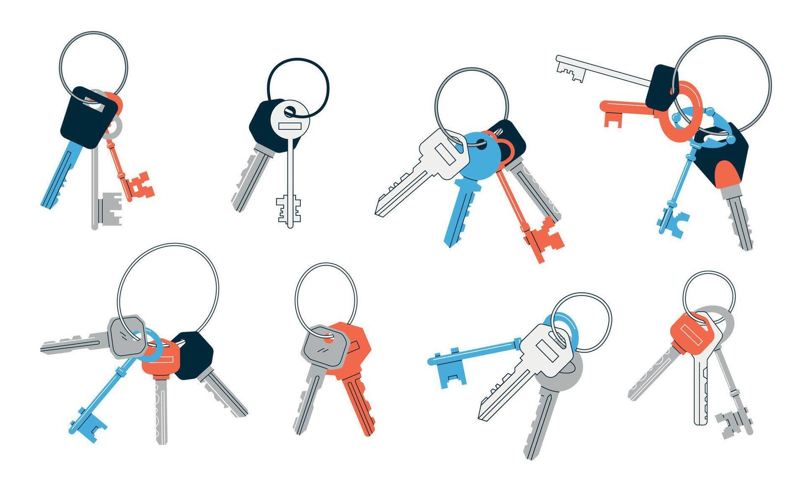 Bündel von Schlüssel. Gekritzel abstrakt Jahrgang und modern Schlüssel mit anders Köpfe Schlüssel Ringe und Schlüssel Halter, echt Nachlass Eigentum und Sicherheit Symbole. Vektor isoliert einstellen