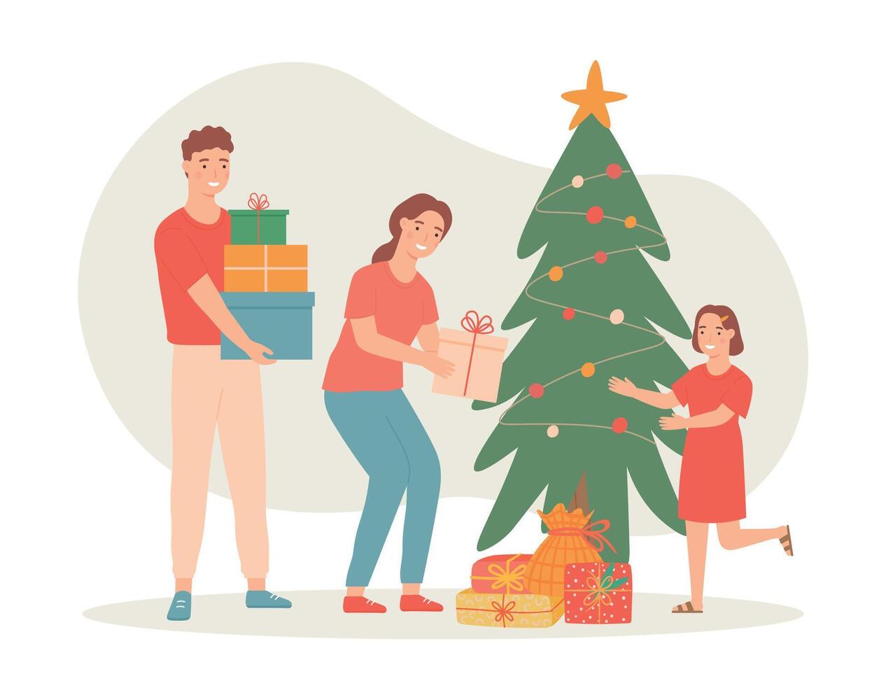 familj fira jul på Hem, träd och gåvor vektor