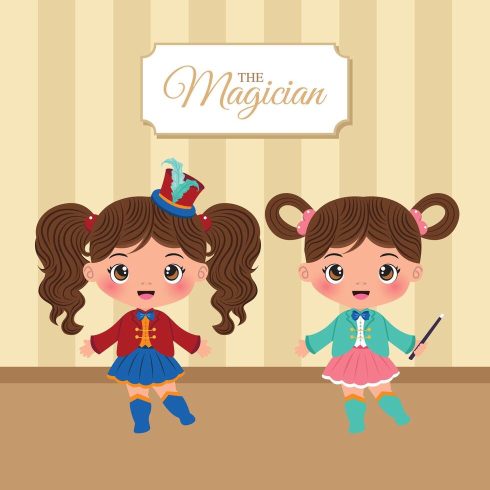 Illustration von zwei süß wenig Mädchen Zauberer vektor