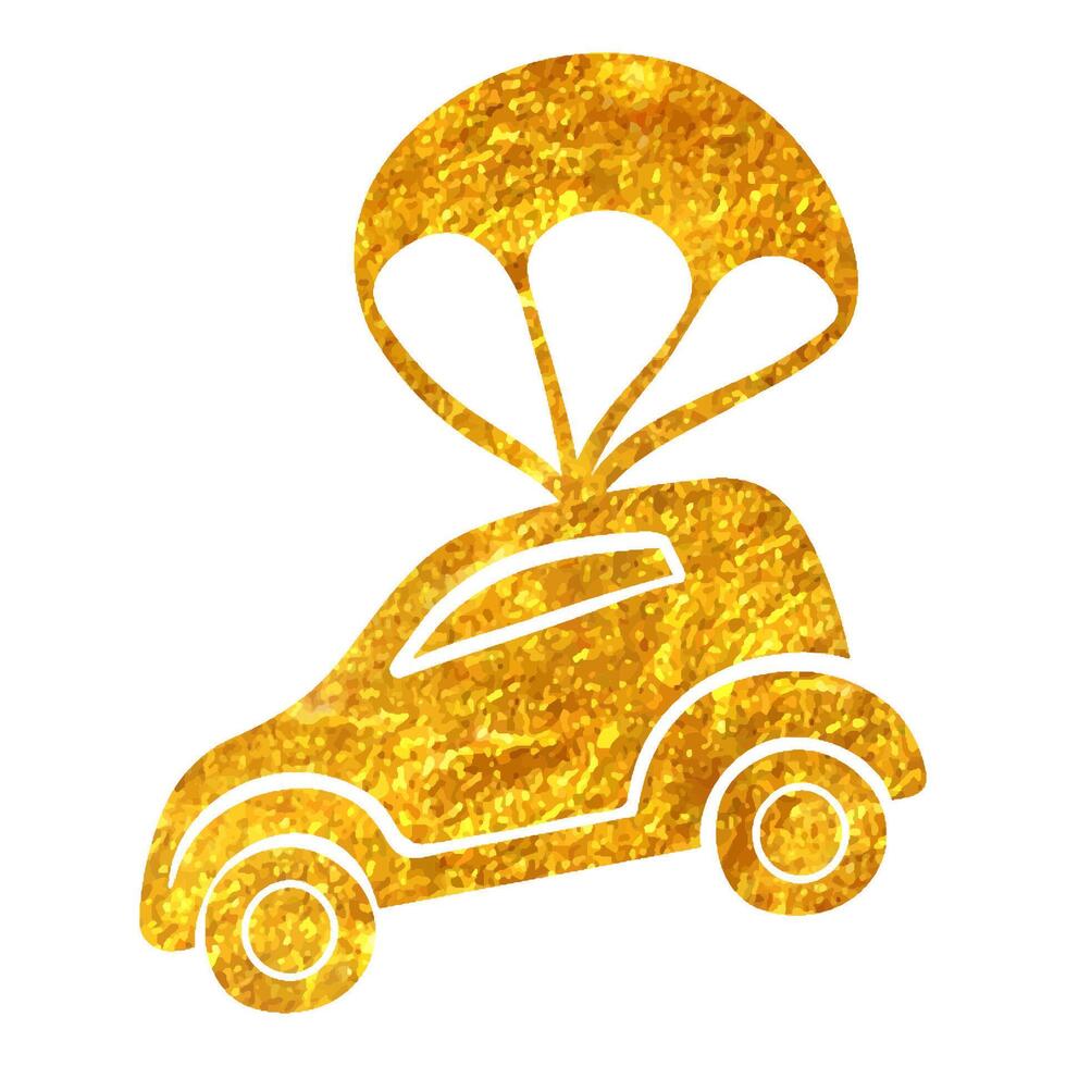 Hand gezeichnet Auto Fallschirm Symbol im Gold vereiteln Textur Vektor Illustration