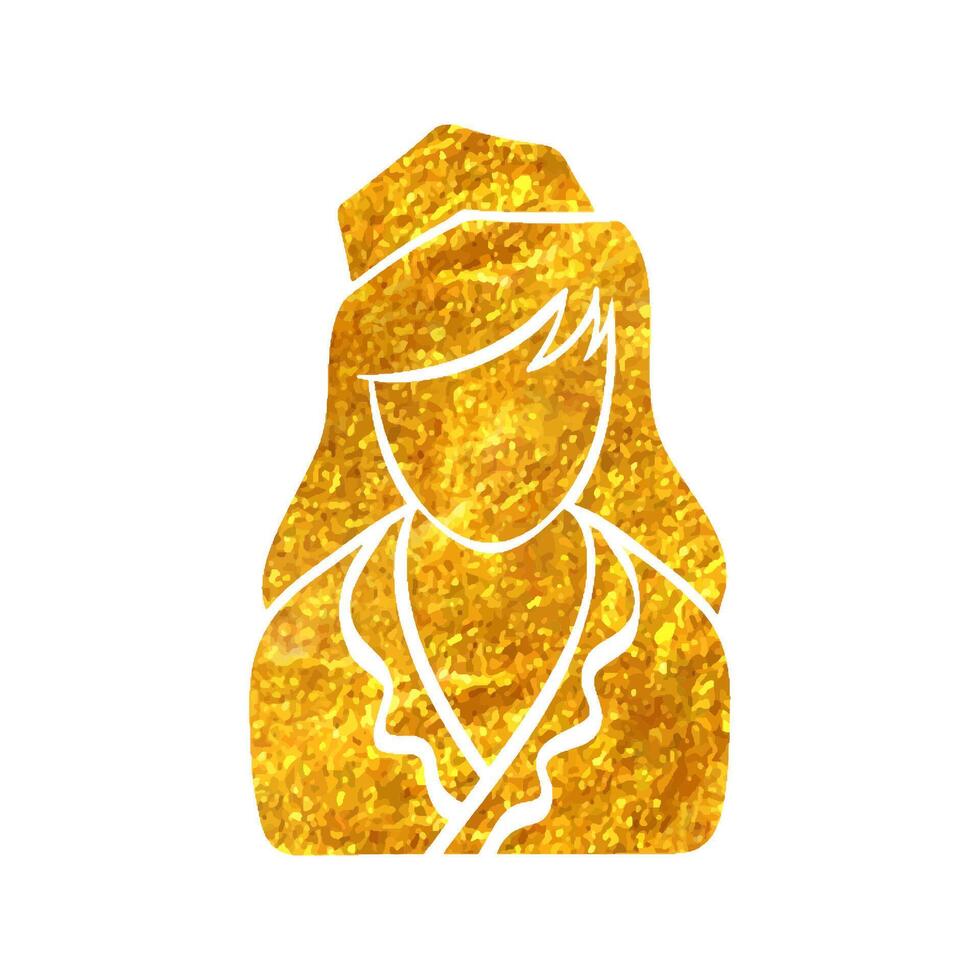 Hand gezeichnet Stewardess Benutzerbild Symbol im Gold vereiteln Textur Vektor Illustration
