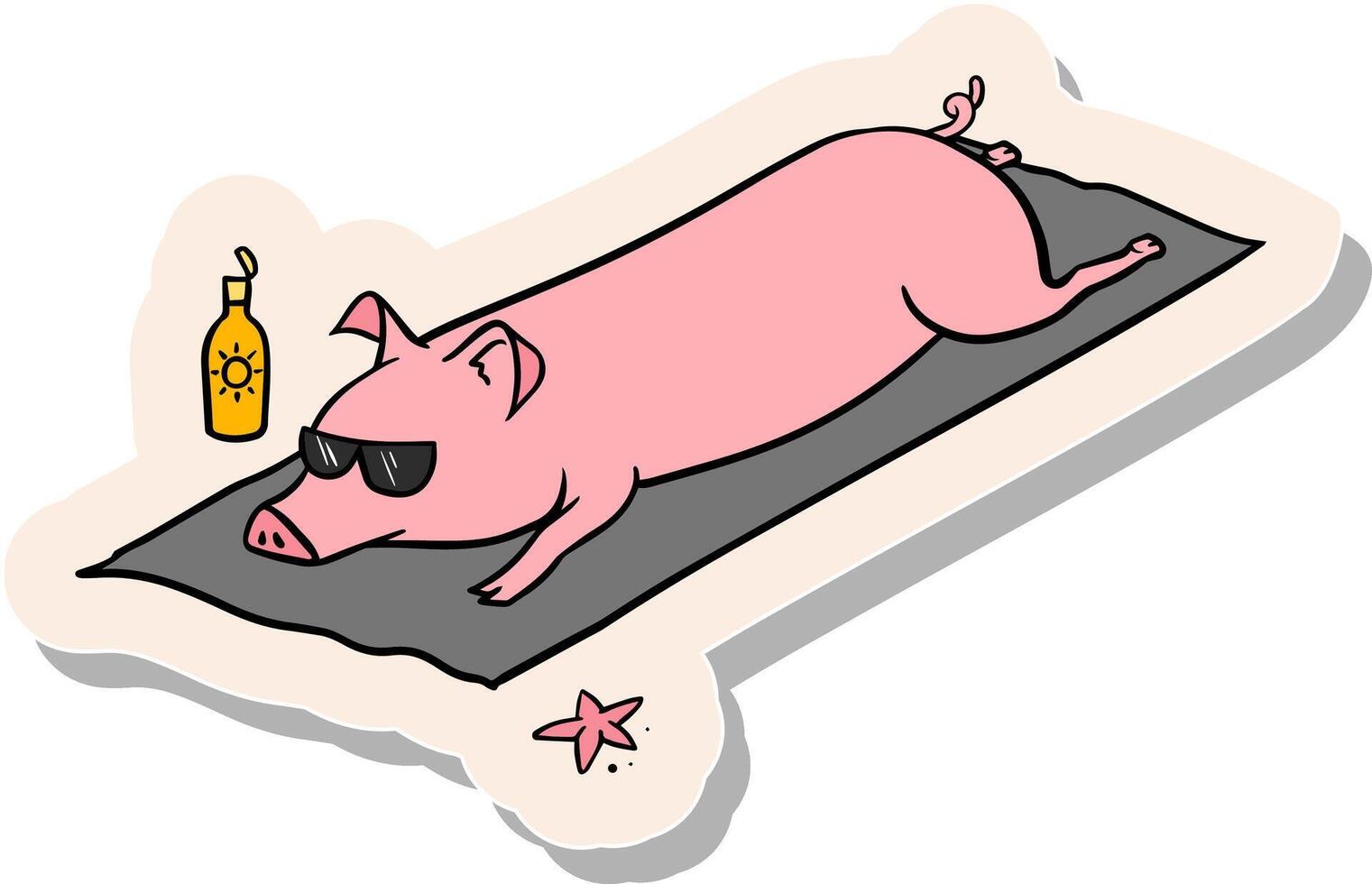 Hand gezeichnet Schwein Verlegung beim das Strand im Aufkleber Stil Vektor Illustration