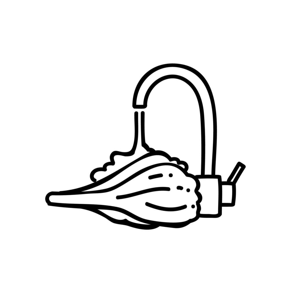 Gemüse gewaschen unter Küche sinken Wasserhahn. Hand gezeichnet Vektor Illustration. editierbar Linie Schlaganfall.